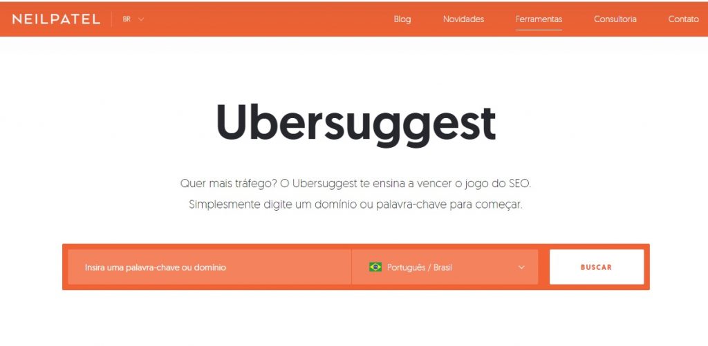 print do site Ubersuggest, usado para planejar conteúdos rapidamente.