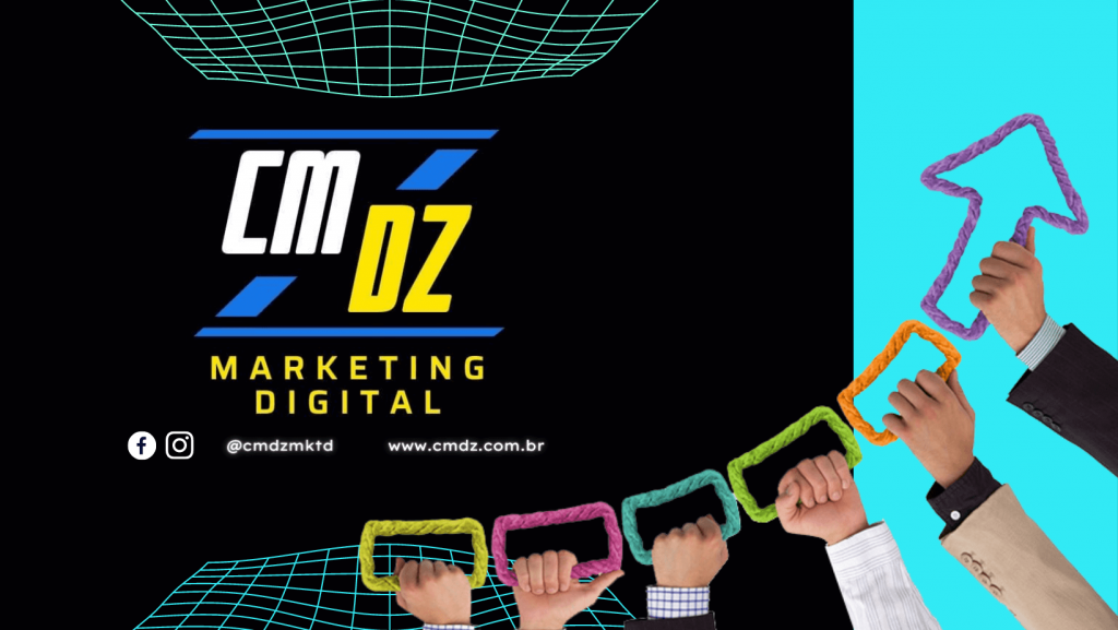 Banner com mãos segurando um elemento que representa crescimento. CMDZ Marketing digital do zero. 