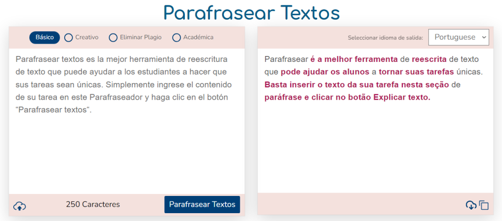 Captura de tela do parafrasear textos