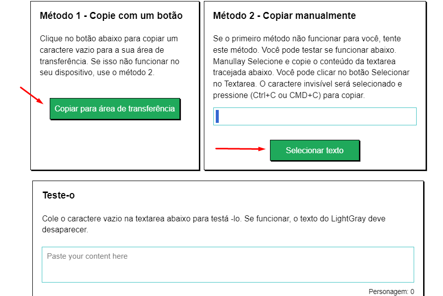 Você também pode considerar optar por ferramentas de caractere invisivel para copiar caracteres vazios. Esta será uma opção rápida e eficaz, porque as ferramentas não exigem que você pesquise códigos ou nomes específicos. Em vez disso, eles permitirão que você copie o espaço invisível com um único clique gratuitamente. Para demonstrar melhor, anexamos uma imagem de uma dessas ferramentas que fornece várias opções para copiar sem esforço o espaço invisível, confira.